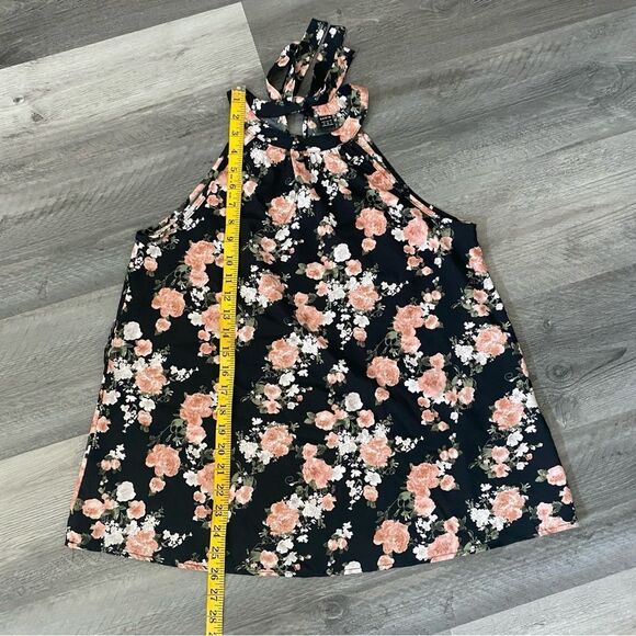 Floral Sleeveless Blouse Pink Flowers Black Medium Keyhole Back Tie - Picture 10 of 12
